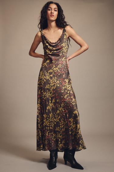 Zara FLORAL PRINT FLOWY NECKLINE DRESS ZW COLLECTION - Khaki