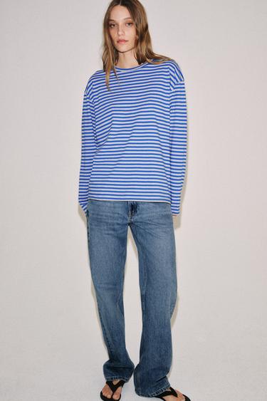 T-SHIRT À RAYURES COTON ET LIN - Gris / Bleu de Zara - Image 3
