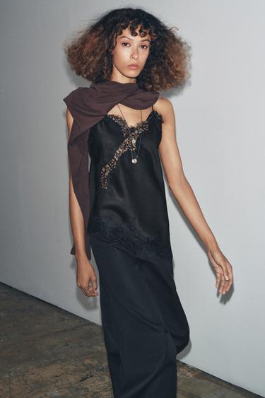 Zara ZW COLLECTION LACE CAMISOLE TOP - Black