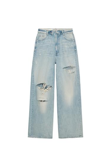 Zara TRF FOLDED WAIST MID-RISE JEANS - Light blue