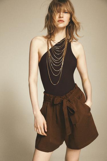 Zara FLOWY BELTED SHORTS - Toffee