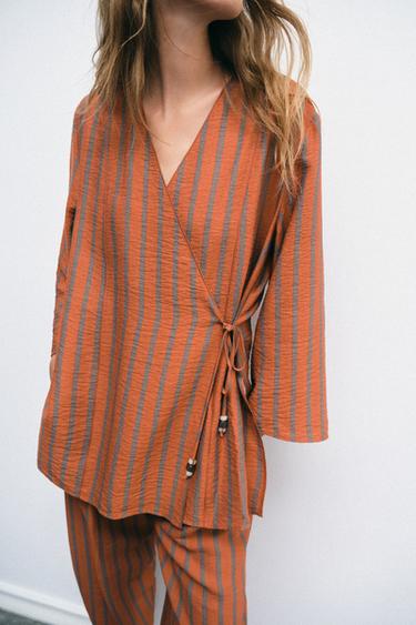Zara STRIPED WRAP JACKET - Burnt orange