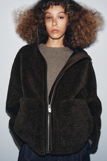 Zara ZW COLLECTION FAUX SHEARLING DOUBLE-FACED JACKET - Dark brown