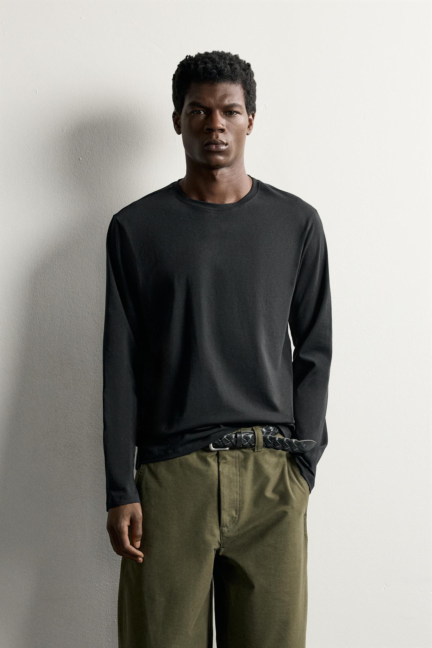 Мужская футболка Zara Long Sleeve Slim Fit Basic, цвет: Чёрный — фото 2