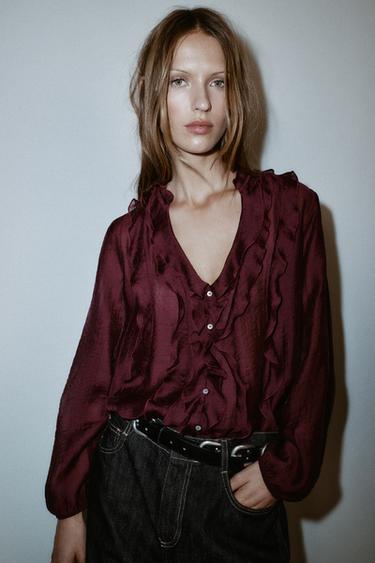 RUFFLED BLOUSE - Burgundy by Zara