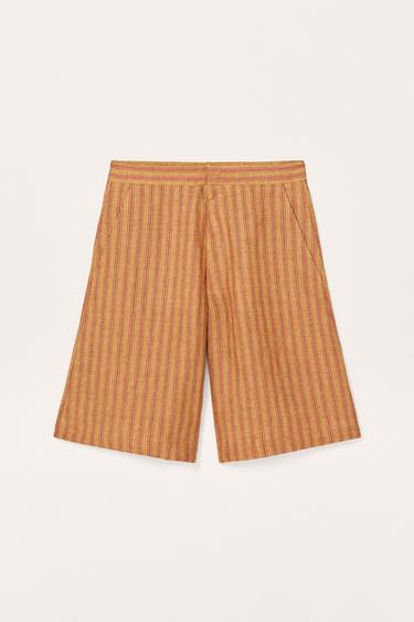 Zara STRIPED LINEN SHORTS LIMITED EDITION - Orange / Yellow