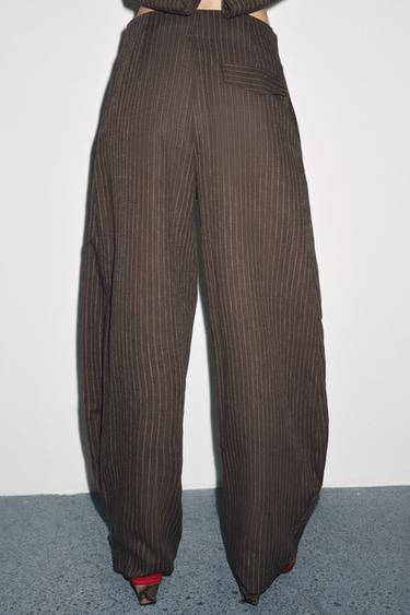 STRIPED LINEN BLEND BALLOON TROUSERS ZW COLLECTION - Brown / Ecru by Zara - Image 2