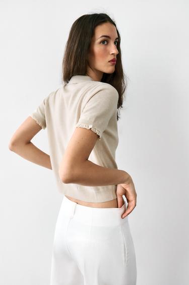 Zara SHORT SLEEVE KNIT JACKET WITH LACE TRIM - stone
