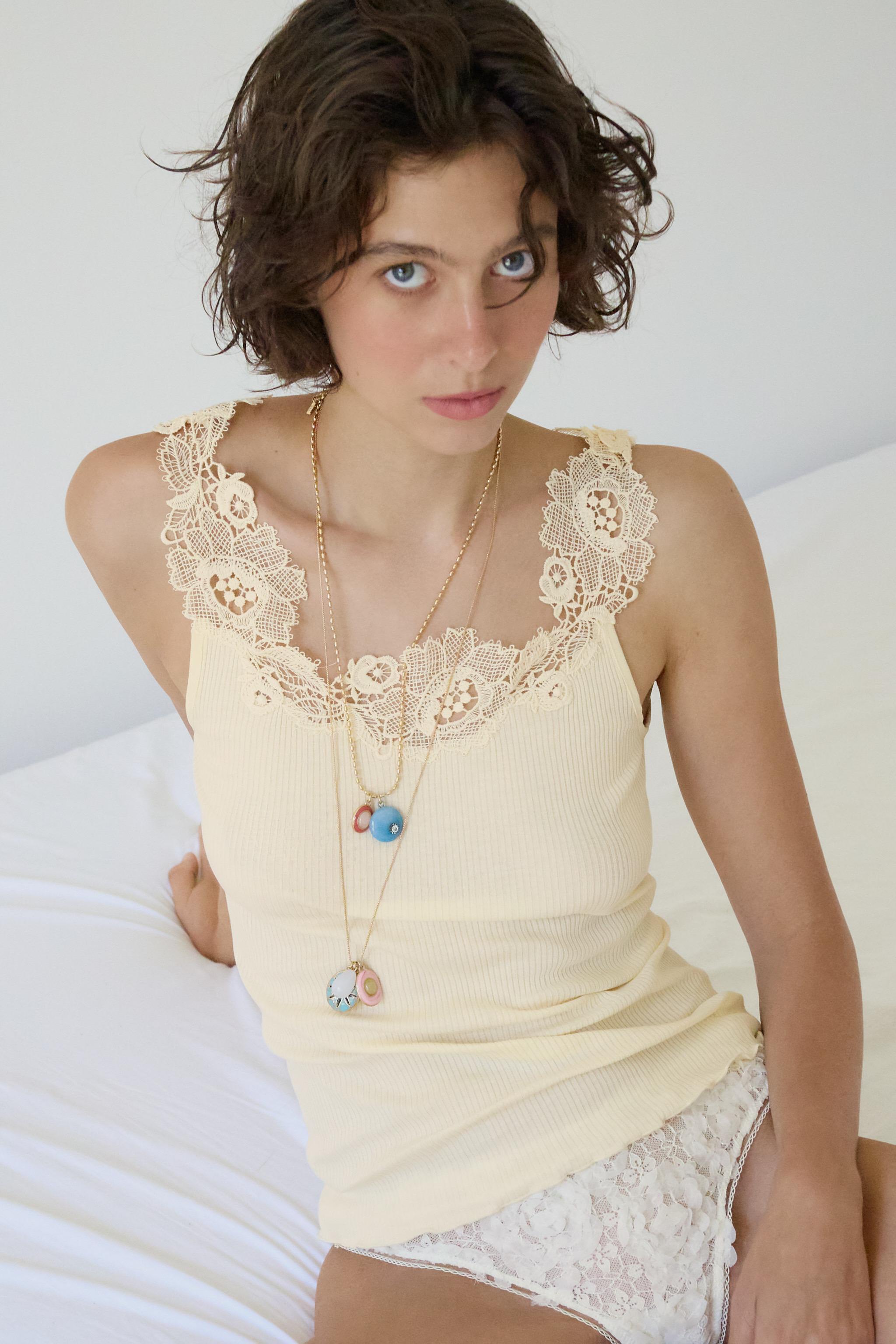 RIB KNIT LACE TOP — Ecru