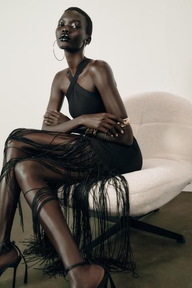 STRETCH LONG DRESS WITH FRINGING - Black by Zara - Image 3