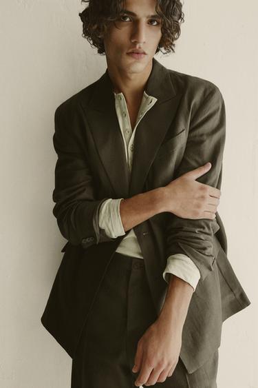 DOUBLE-BREASTED 100% LINEN SUIT BLAZER - Khaki by Zara