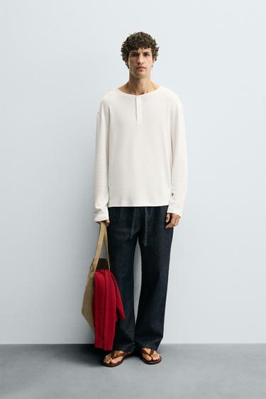 BUTTON-NECK GRID T-SHIRT - Oyster-white by Zara - Image 0