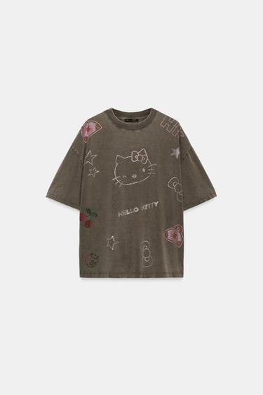 WASHED EFFECT HELLO KITTY © SANRIO GLITTER T-SHIRT - Dark brown by Zara