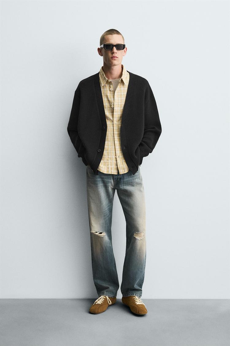 Beige Ribbed Black Cardigan CARDIGAN WITH DISTRESSED RIBBED TRIMS