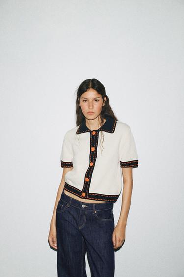 Zara SHORT SLEEVE STITCHED KNIT CARDIGAN - Ecru