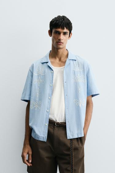 EMBROIDERED DENIM SHIRT - Light blue by Zara