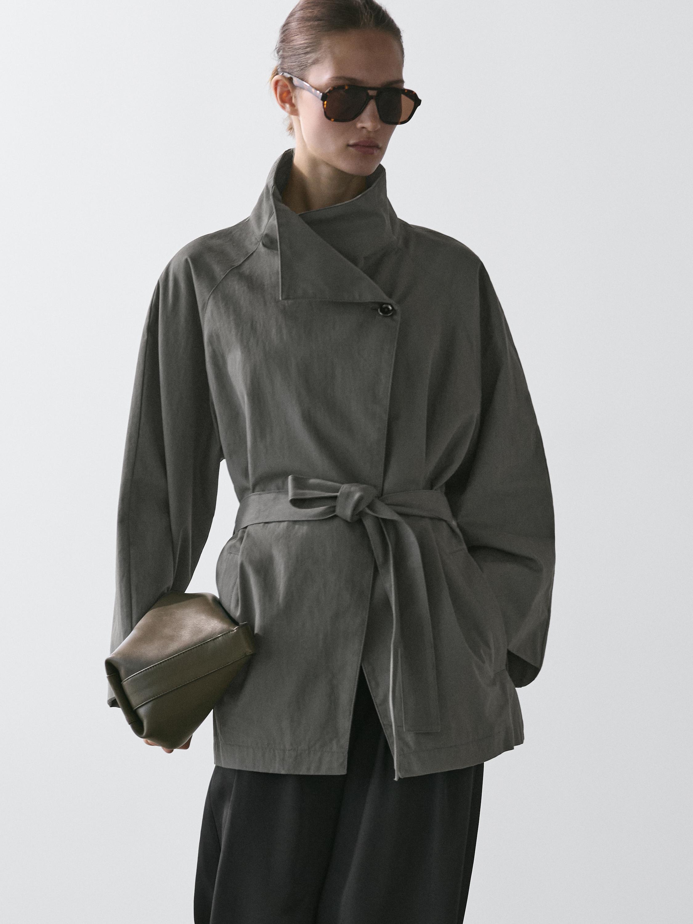 Short cotton blend trench coat with belt