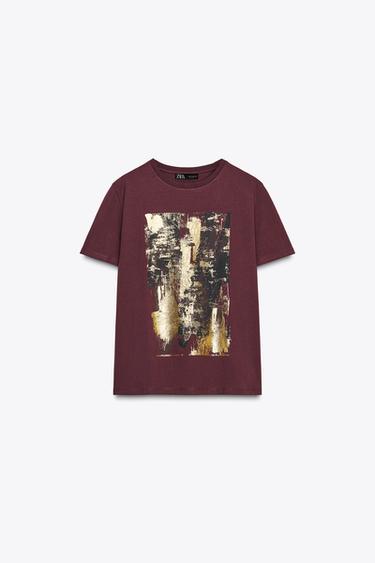 T-SHIRT WITH METALLIC PRINT - Burgundy by Zara - Image 0