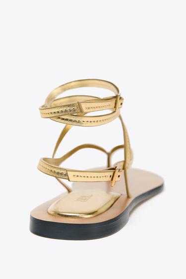 LEATHER STRAPPY SANDALS WITH METALLIC EFFECT - Gold by Zara - Image 4