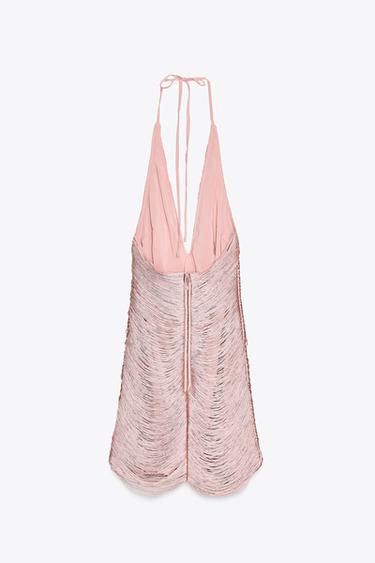 FRINGED HALTER SHORT DRESS - Pale pink by Zara - Image 4