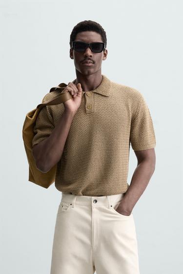 Zara CROCHET KNIT POLO SHIRT - taupe brown