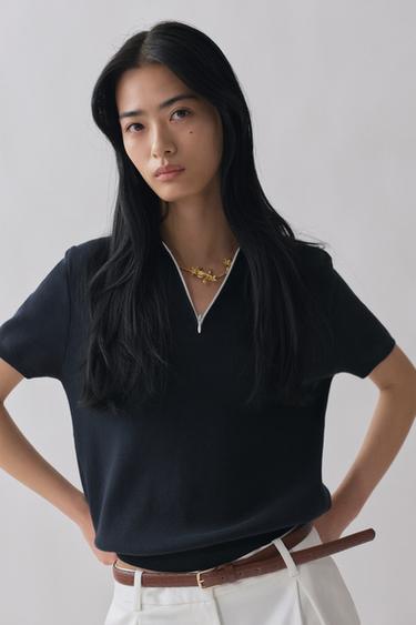 ジッパーニットポロネイビーブルーZaraのジッパーニットポロ - ネイビーブルー 