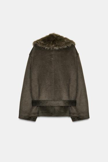WOOL COAT WITH FAUX FUR COLLAR - Dark khaki by Zara - Image 7
