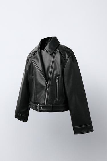 LEATHER EFFECT BIKER JACKET — Black 1