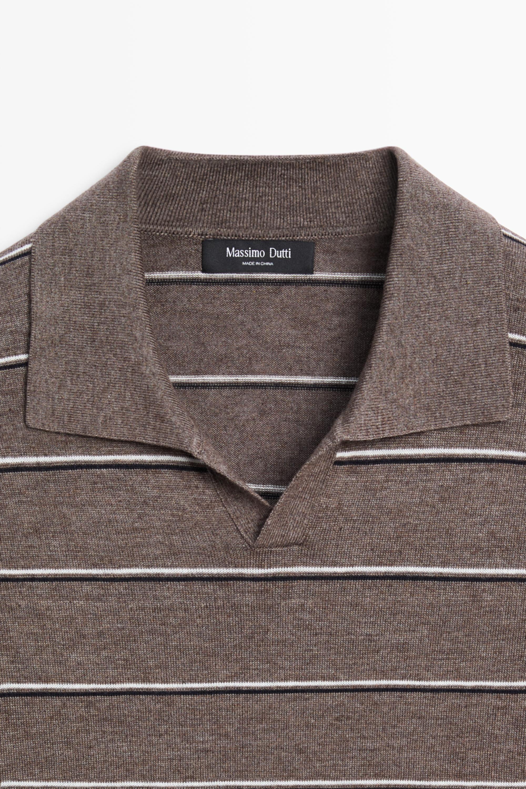Striped knit V-neck polo shirt