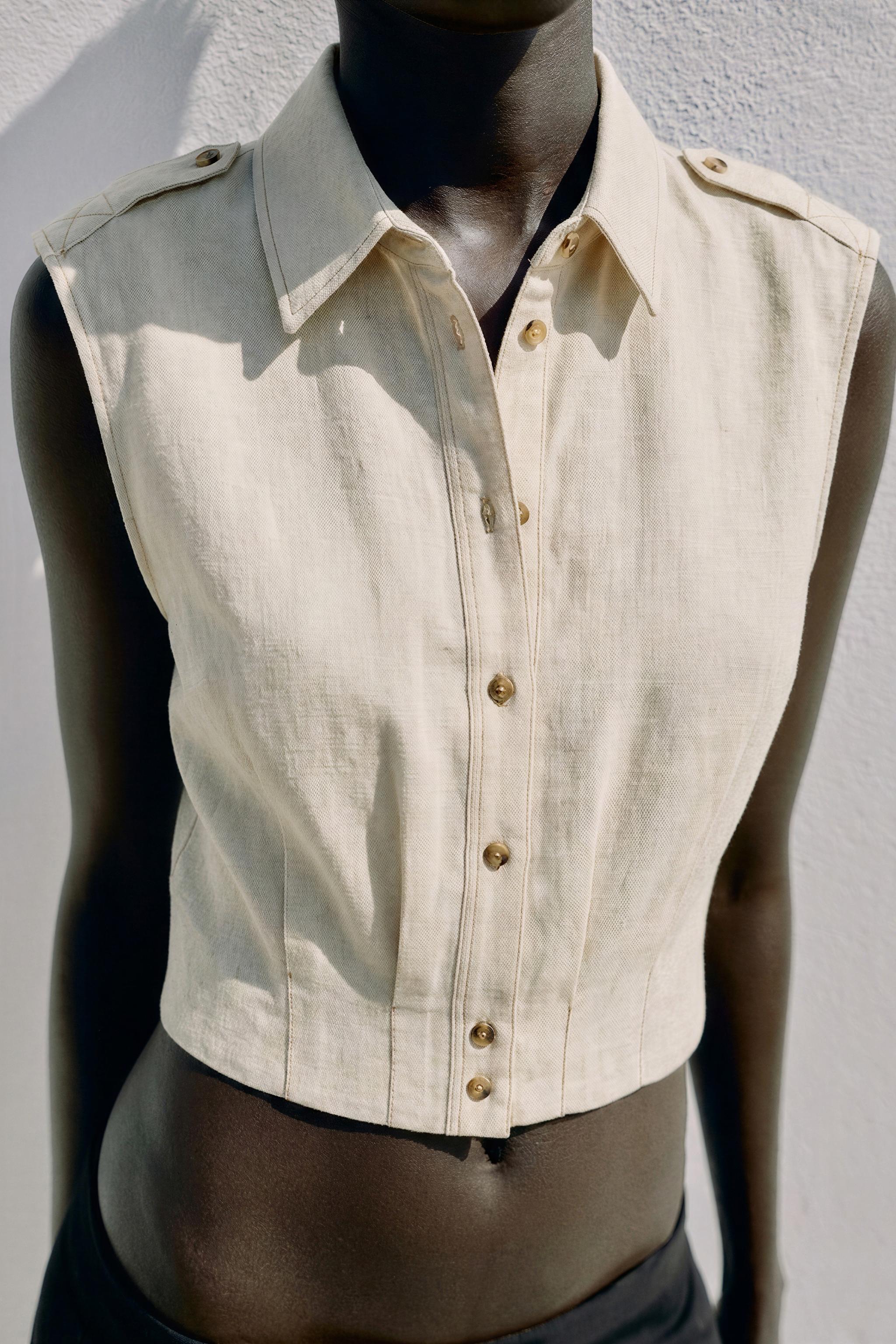 LINEN TOP WITH TOPSTITCHING — Light beige