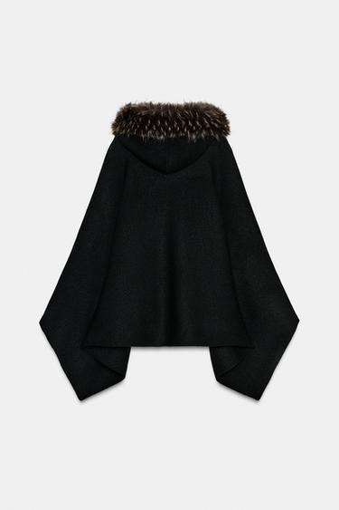 Zara FAUX FUR KNIT CAPE - Black