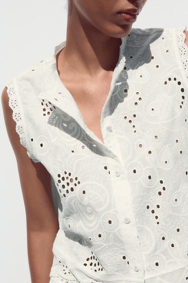 TOP WITH CUTWORK EMBROIDERY - White by Zara - Image 3