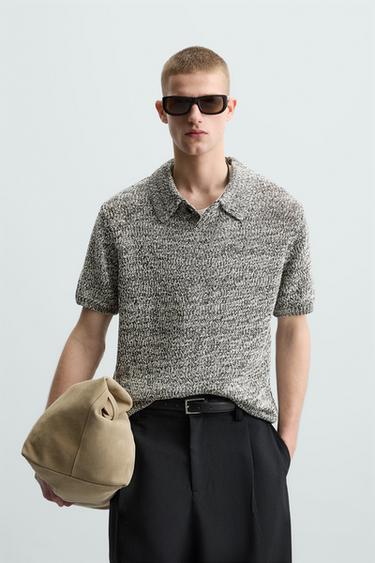 Zara SHINY KNIT POLO SHIRT - Black