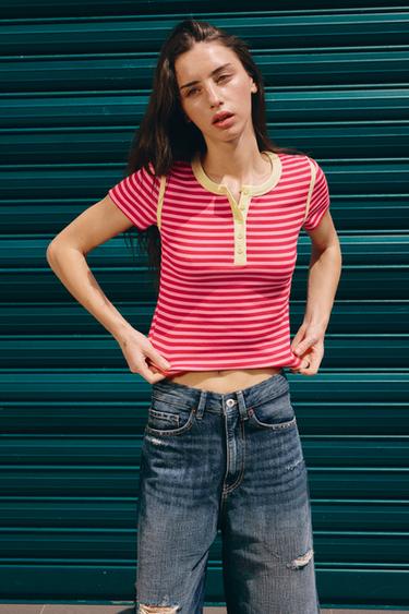 STRIPED RIB T-SHIRT - Pink by Zara