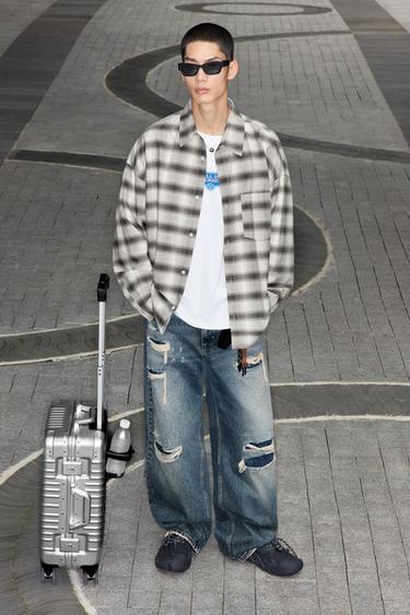 Zara 燈籠版剪洞牛仔褲 - 中藍色
