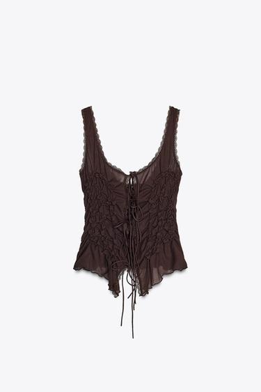 리본 셔링 탑 - Zara 초콜렛