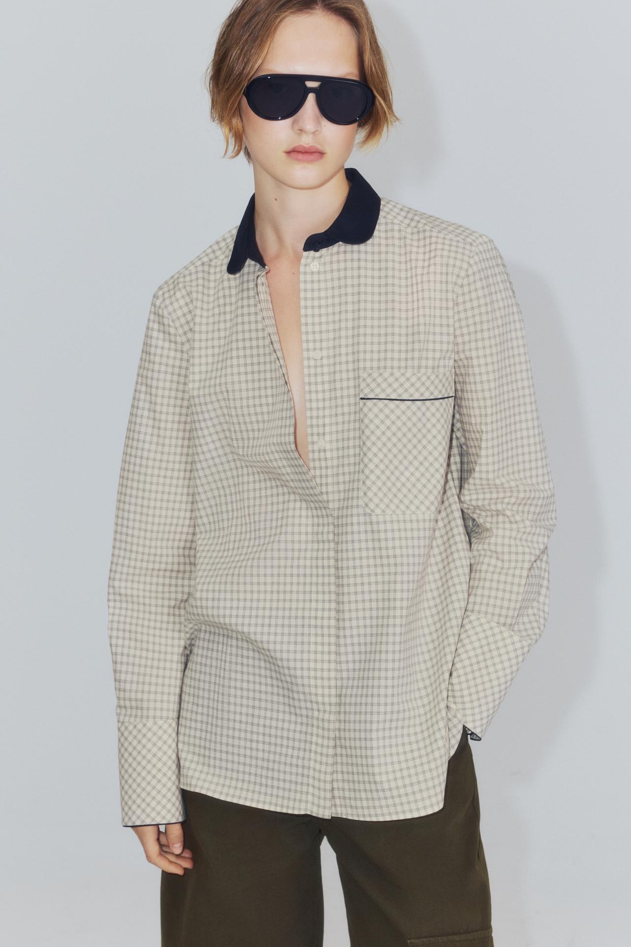 ZW COLLECTION CONTRAST COLLAR CHECKED SHIRT — Ecru