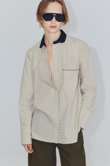 ZW COLLECTION CONTRAST COLLAR CHECKED SHIRT — Ecru 2