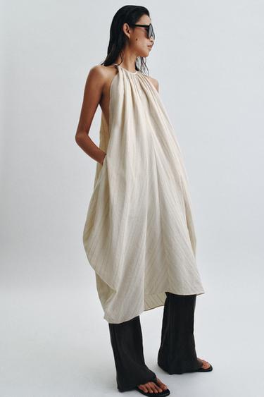 فستان بياقة رسن من الكتان ZW COLLECTION - خطوط by Zara