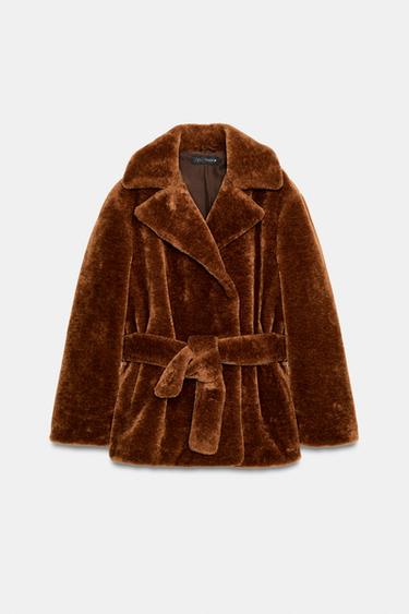 FAUX FUR JACKET WITH BELT - Caramel by Zara - Image 0