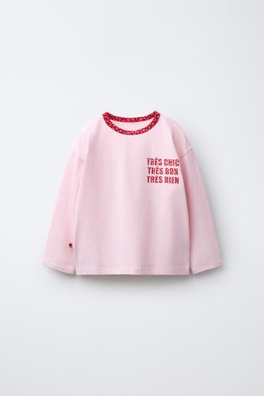 T-SHIRT WITH TEXT AND FLOWER PRINT - Red by Zara
