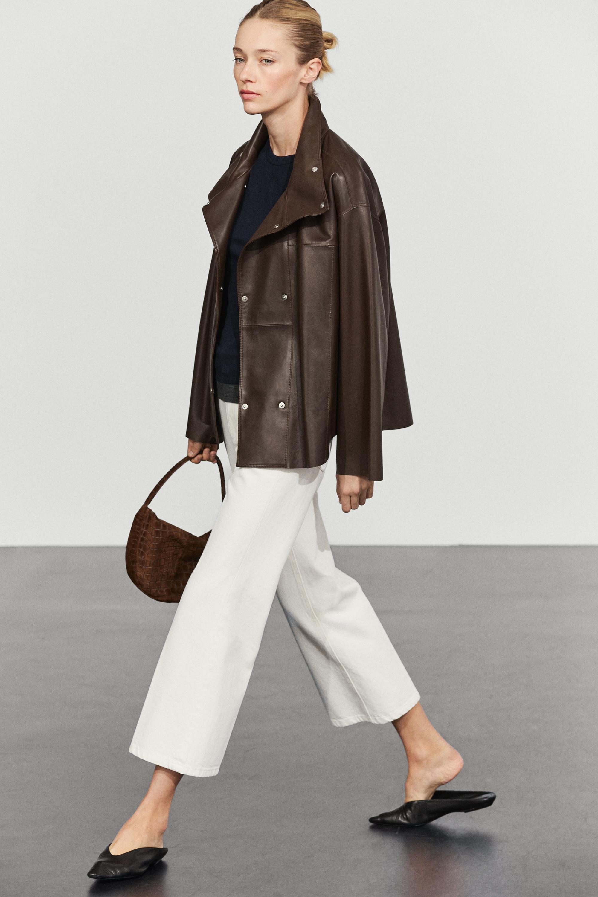 Veste en cuir nappa à fermeture sous patte