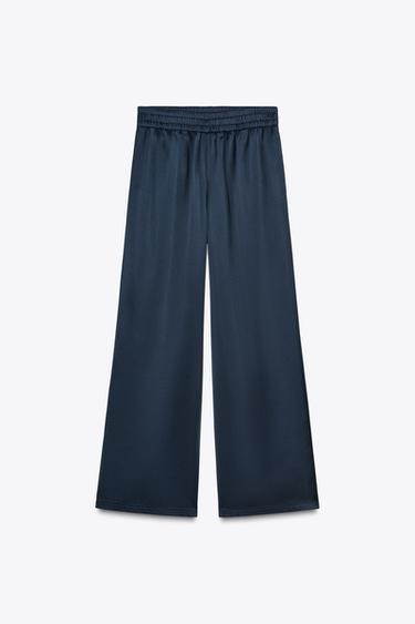 SATIN WIDE-LEG TROUSERS - Navy blue by Zara