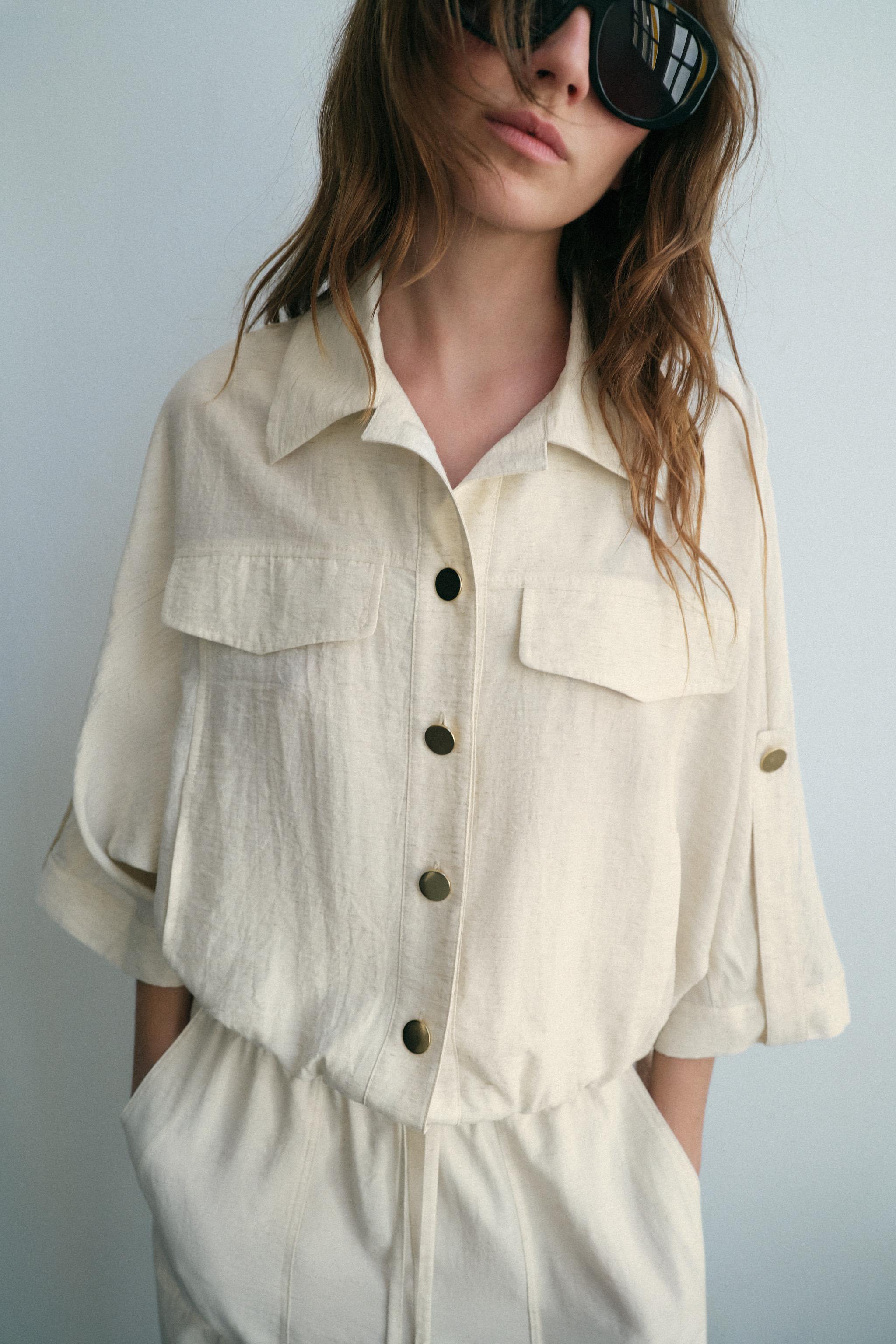 ROLL-UP SLEEVE SAFARI BLOUSE — Light beige (alternate view)