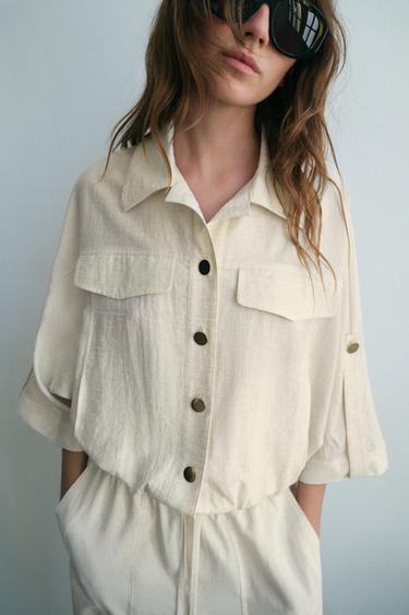 SAFARI-BLUSE MIT ÄRMELN ZUM KREMPELN - Hellbeige von Zara