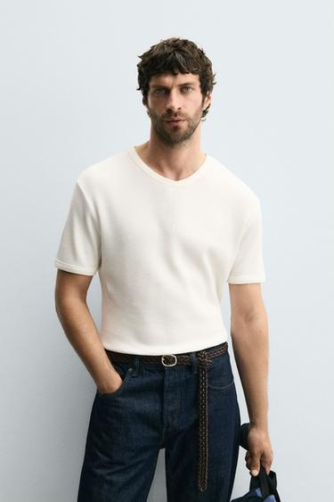 WAFFLE-KNIT TEXTURED T-SHIRT - Ecru by Zara
