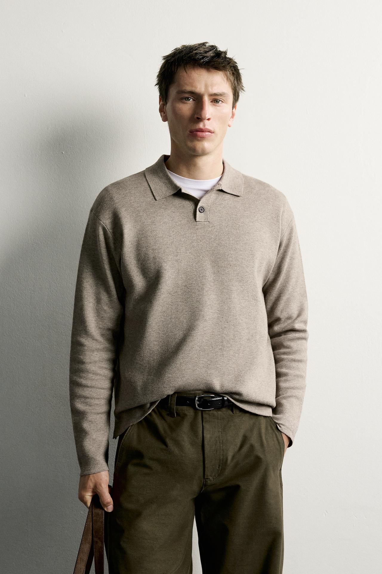 SOFT KNIT POLO SHIRT — taupe brown