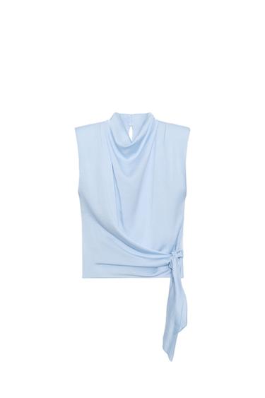 Zara 緞面墊肩綁帶上衣 - 淡藍色