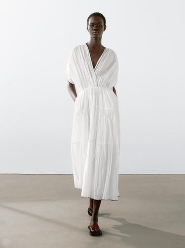 Robe longue plissée contrastante - Blanc de Zara