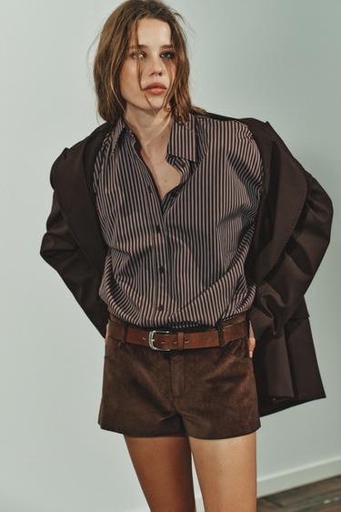 CAMISA OVERSIZE POPELÍN RAYAS - Marrón oscuro de Zara